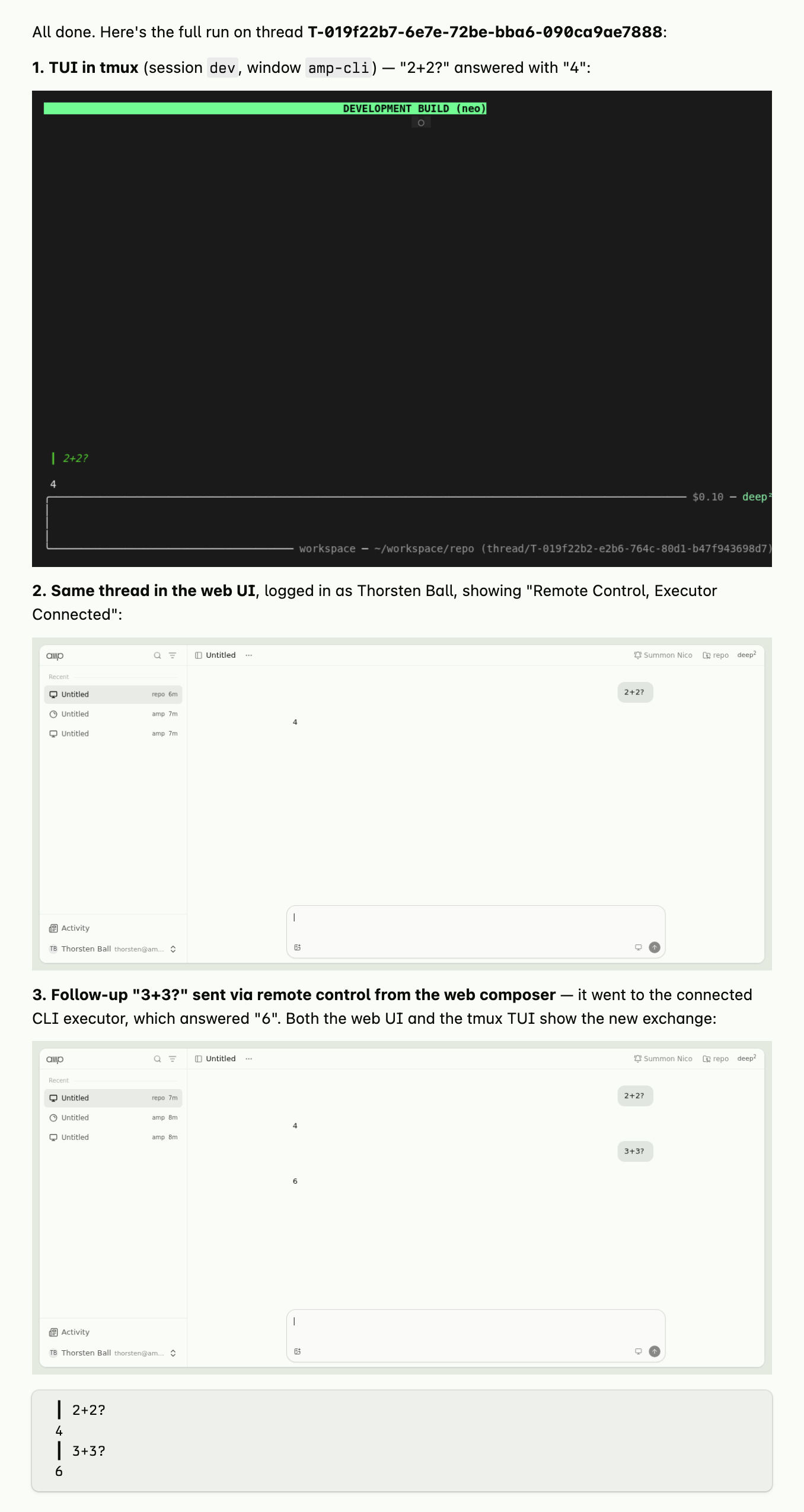 Screenshots of the TUI, the web UI, and the follow-up question