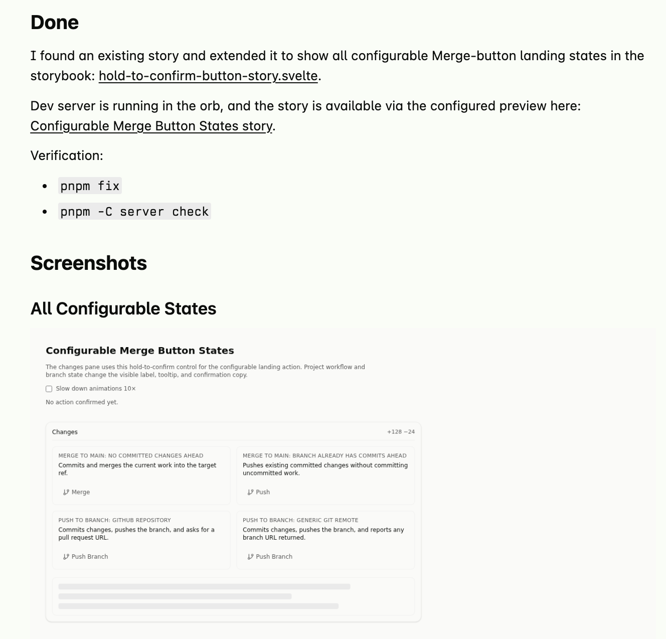 Screenshots of the merge button in different configurations